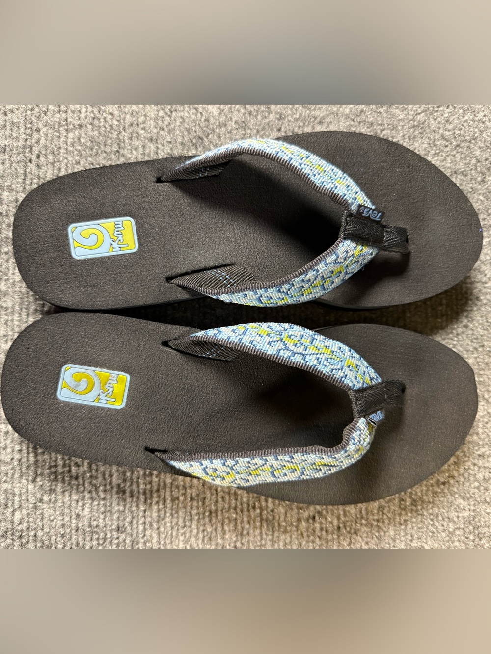 Teva MushWoman’s Black Flip Flops with Blue/Yellow Geometric Accent Straps-Size